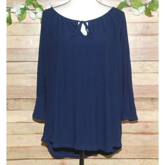 Fred David Women's Blue 3/4 Bell Sleeves Blouse Size 2X Keyhole Tie Up Neckline - Picture 1 of 9